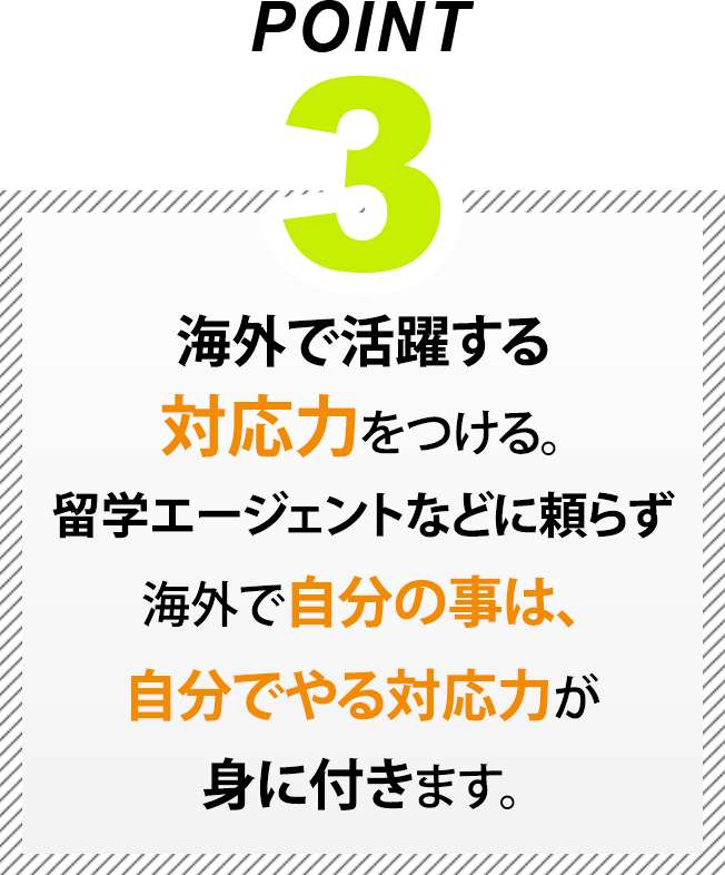 海外で活躍する対応力をつける。留学エージェントなどに頼らず海外で自分の事は、自分でやる対応力が身に付きます。